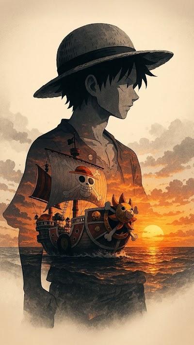 Aesthetic Monkey D. Luffy Double Exposure Sunset Wallpaper
